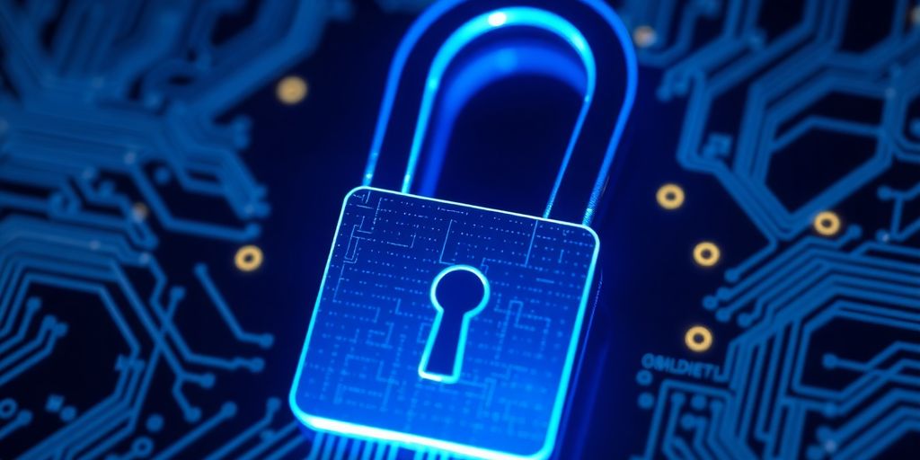 Digital lock and circuit board for cybersecurity themes.