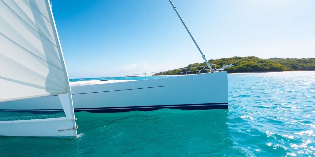 Sailboat on calm turquoise water near tropical island.