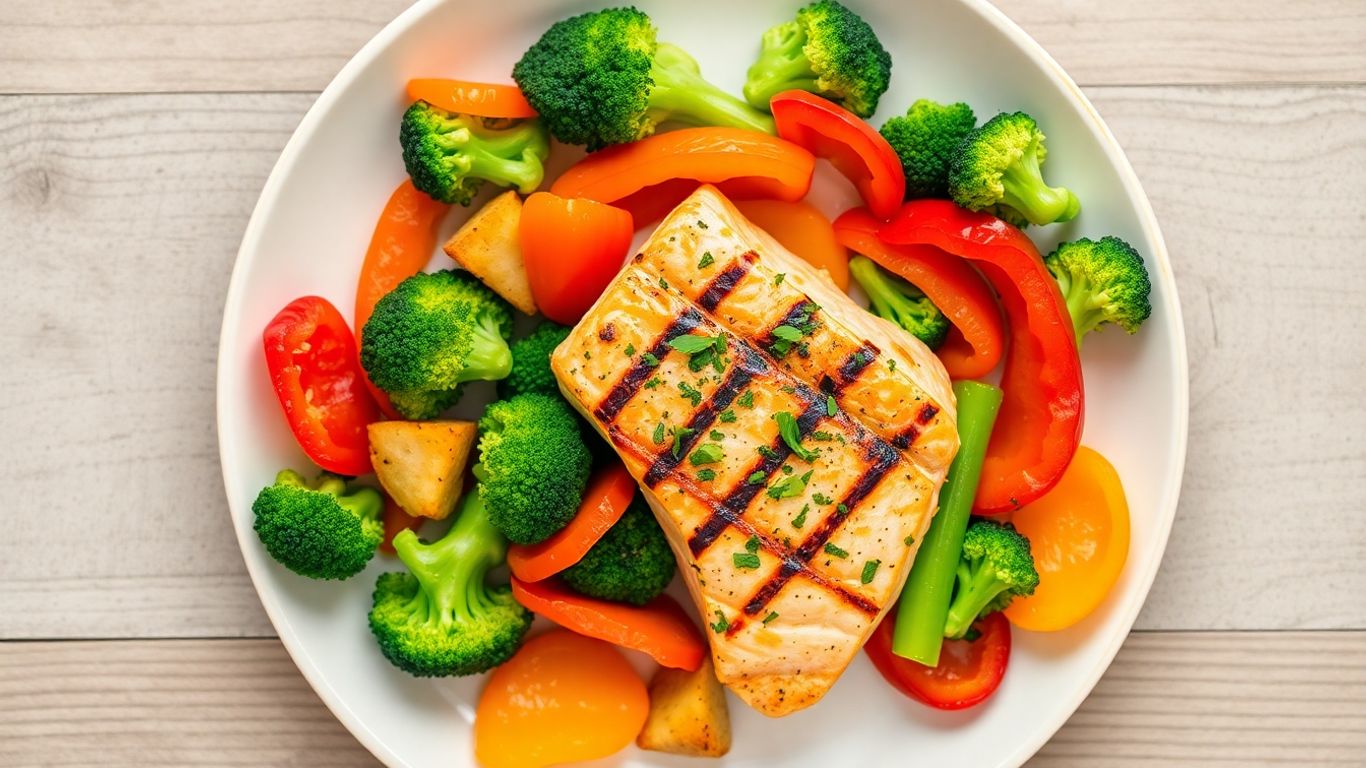 Colorful gut-friendly dinner with salmon and fresh vegetables.