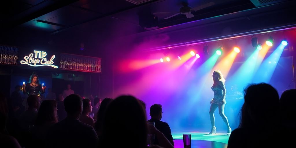 Dancers on stage, vibrant lights.