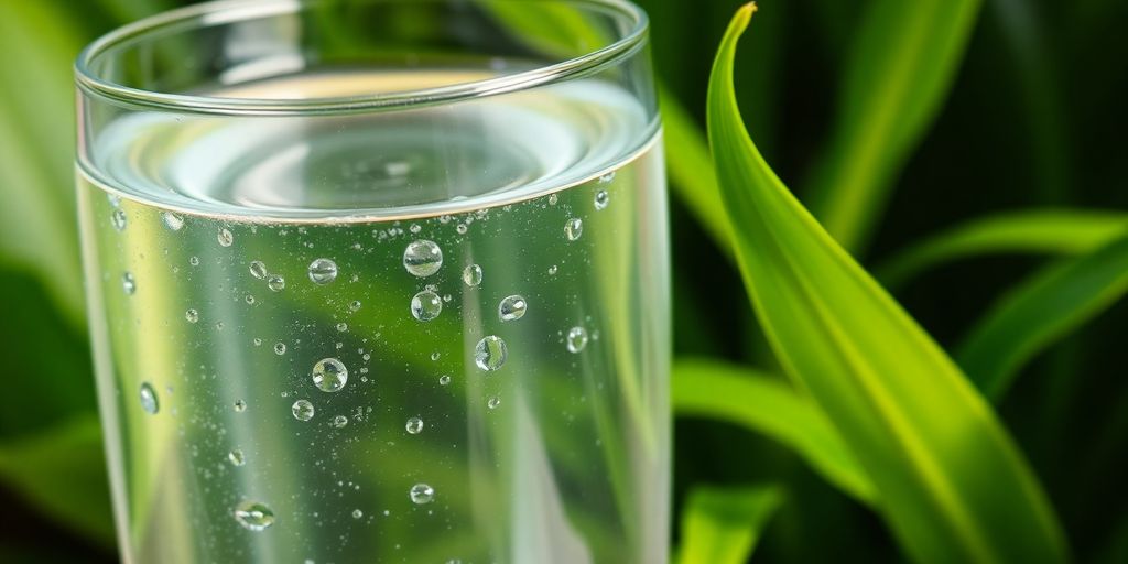 A glass of water on a table with green plants.