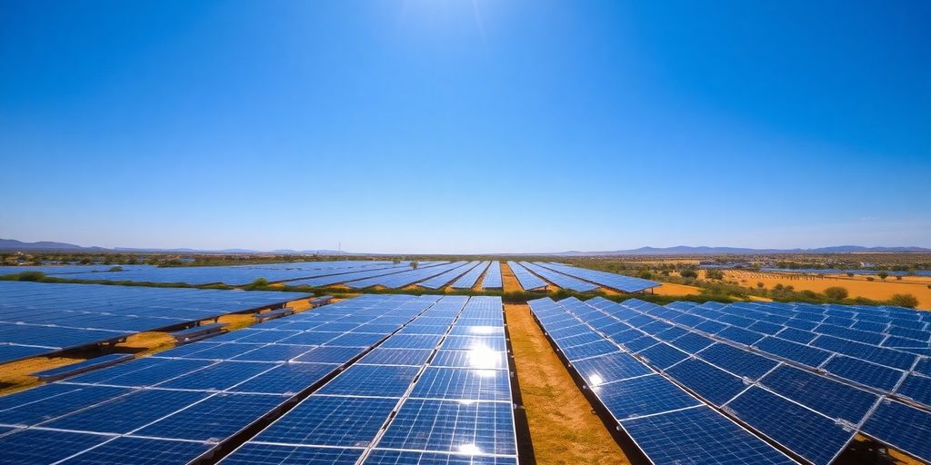 Panneaux solaires s'étendant à perte de vue sous un ciel bleu.