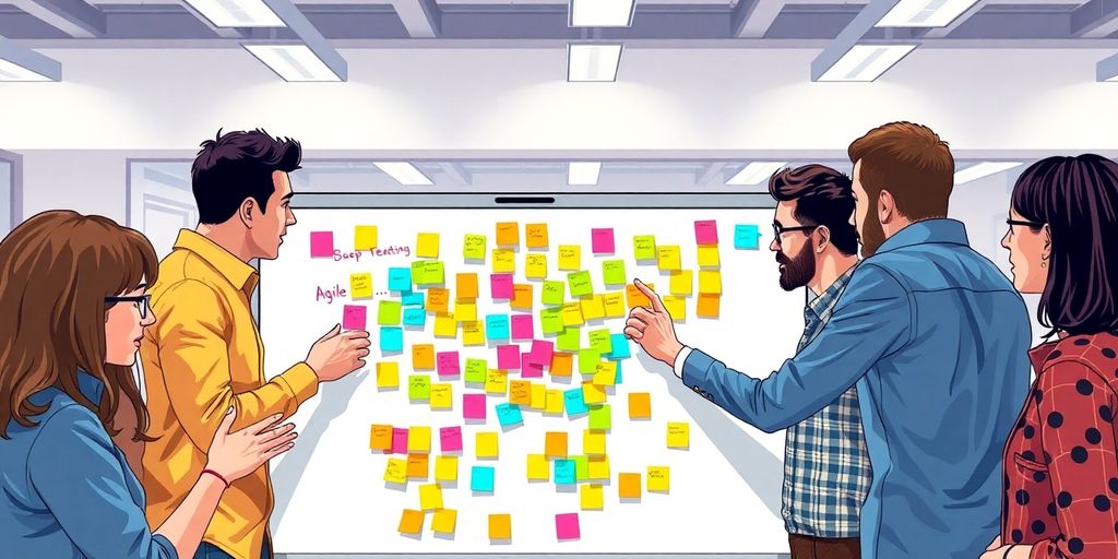 Agile team collaborating, colorful sticky notes.