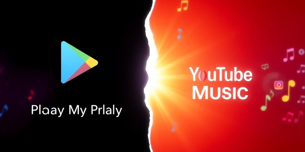 Logos of Google Play Music and YouTube Music transitioning.