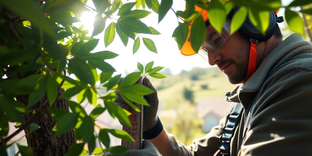 Arborist trimming tree branches