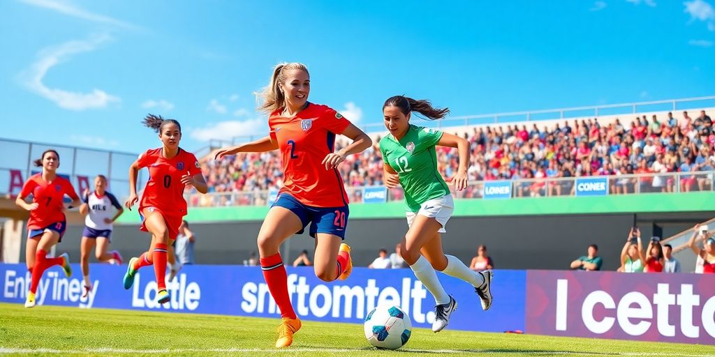Women soccer players competing on a vibrant field.