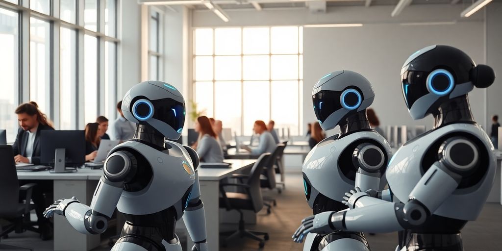 Robots working with people, bright, clean office.