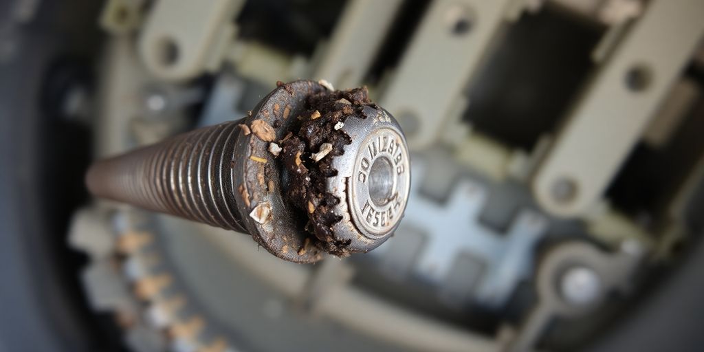 Close-up of a damaged and worn airplane jackscrew mechanism.