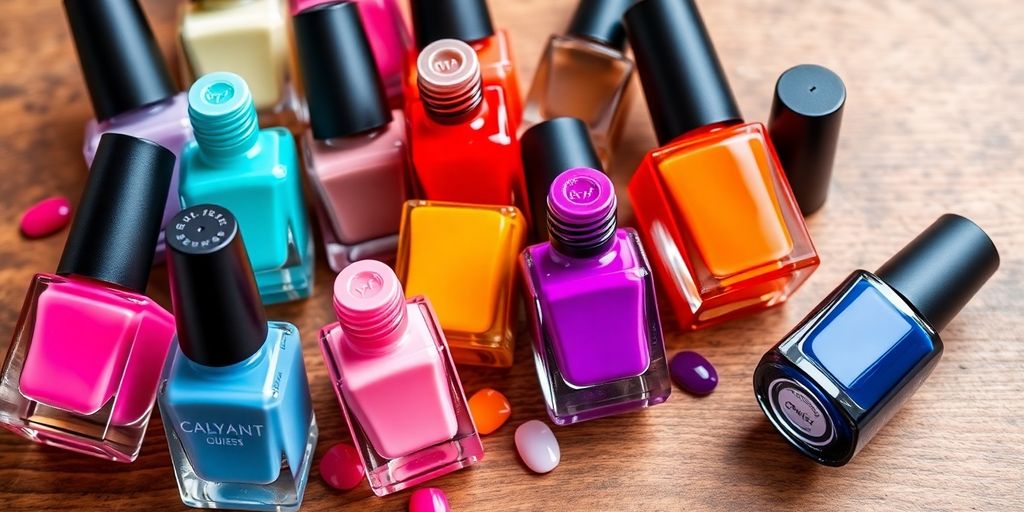 Coleção de esmaltes coloridos sobre superfície de madeira.