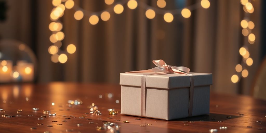 Festliche Dekorationen, Geburtstagsgeschenke und Konfetti.