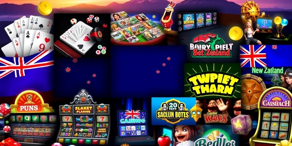 Collage of online casino games popular in New Zealand.