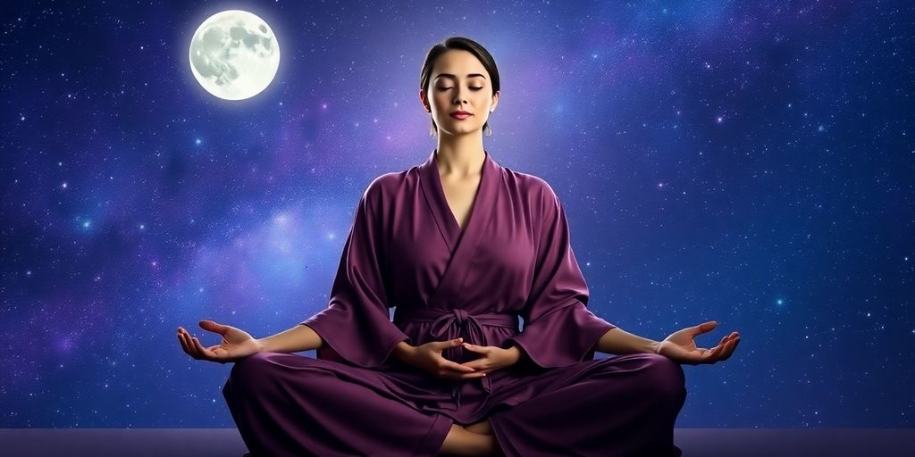 Woman meditating under starry night sky.