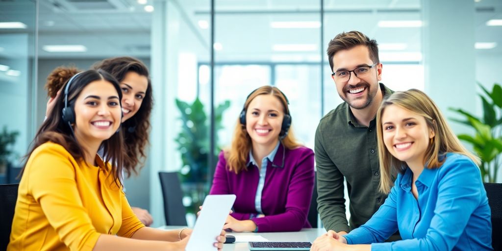 Friendly customer support team in a modern office.