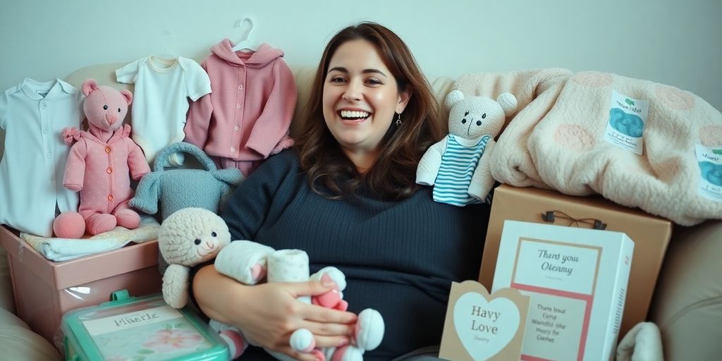 New mom surrounded by thoughtful gifts and baby essentials.