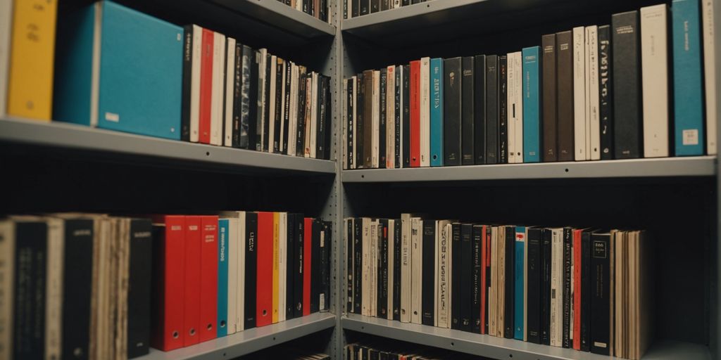Shelves with records and storage boxes in a watchtower.