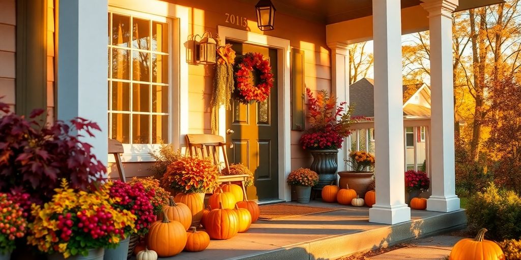 Cozy autumn porch with festive fall decorations.