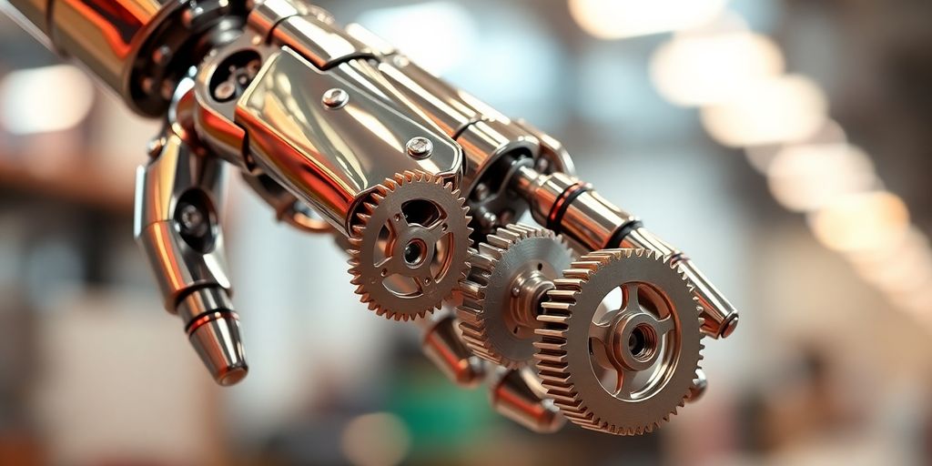 Robot hand optimizing gears, bright and sleek.