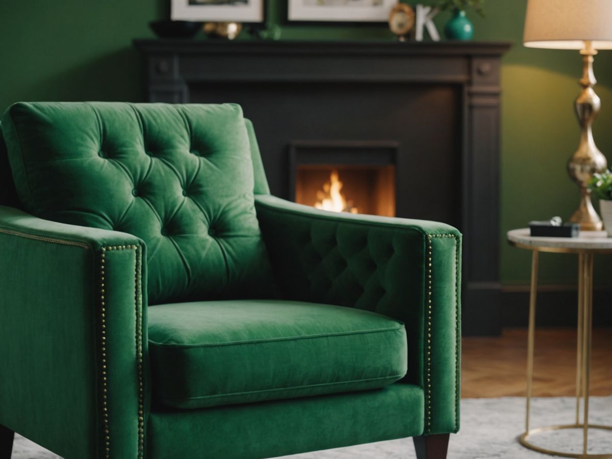 Green armchair in a room with various textures.