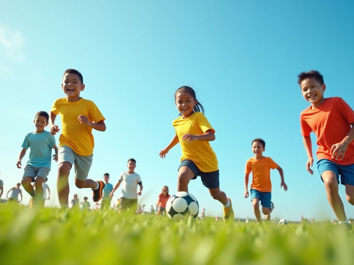 Copii jucând fotbal pe un teren verde.