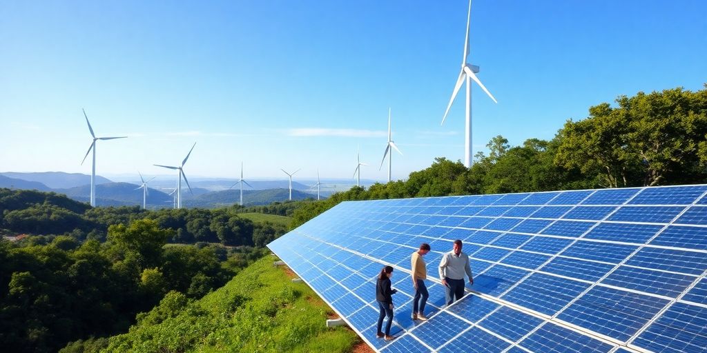 Renewable energy landscape with wind turbines and solar panels.