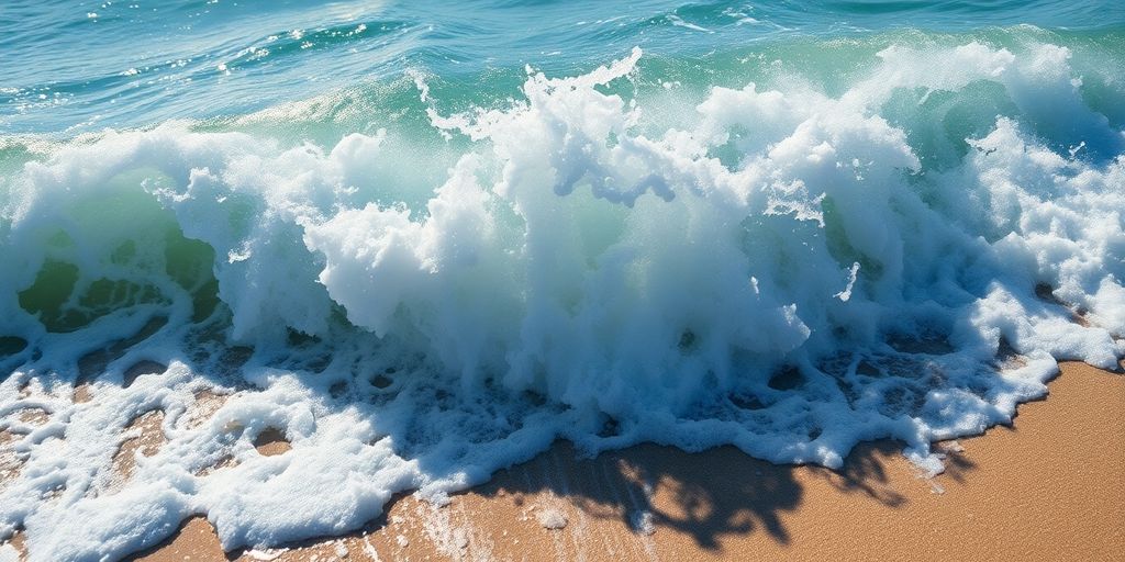 Ocean waves crashing on a sunlit sandy beach.