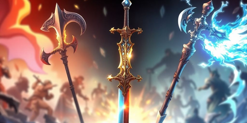 RPG weapons assortment, game feeling, illustrative, vibrant.