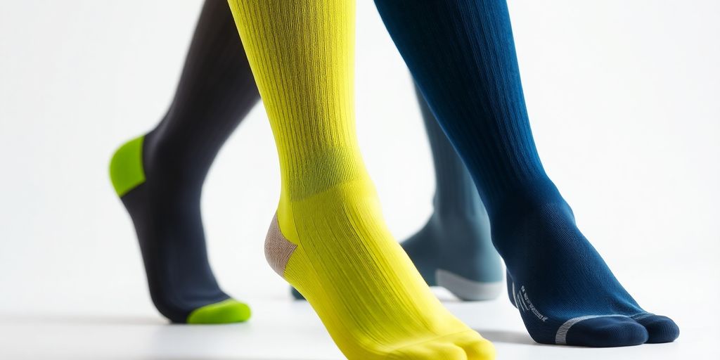 Colorful pressure socks displayed on a neutral background.