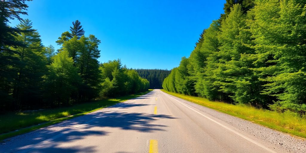 Arkansas rural road winding through green trees.
