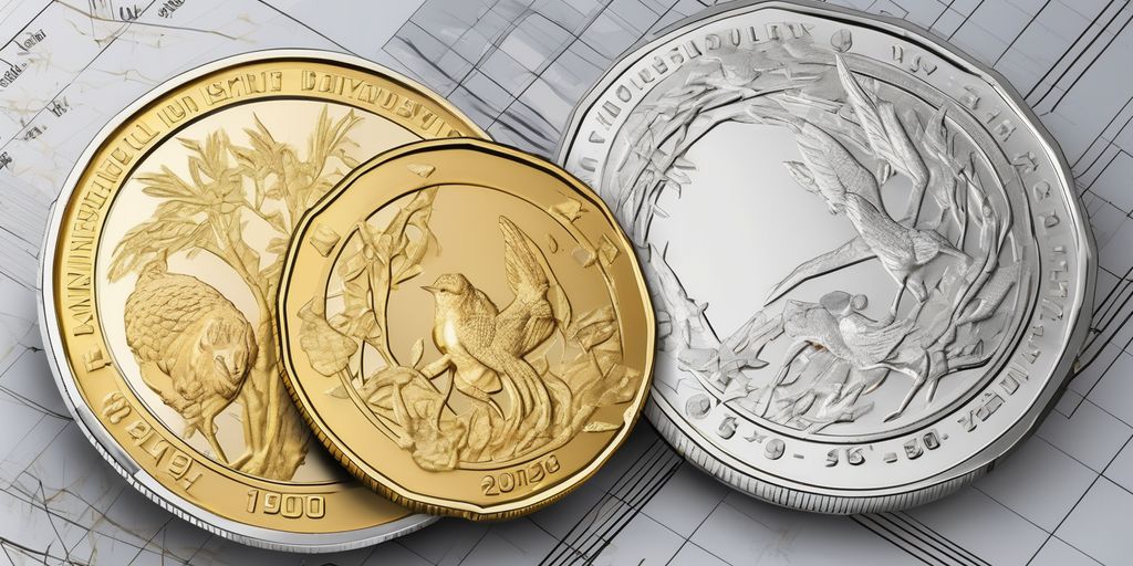 gold and silver coins with financial charts and graphs