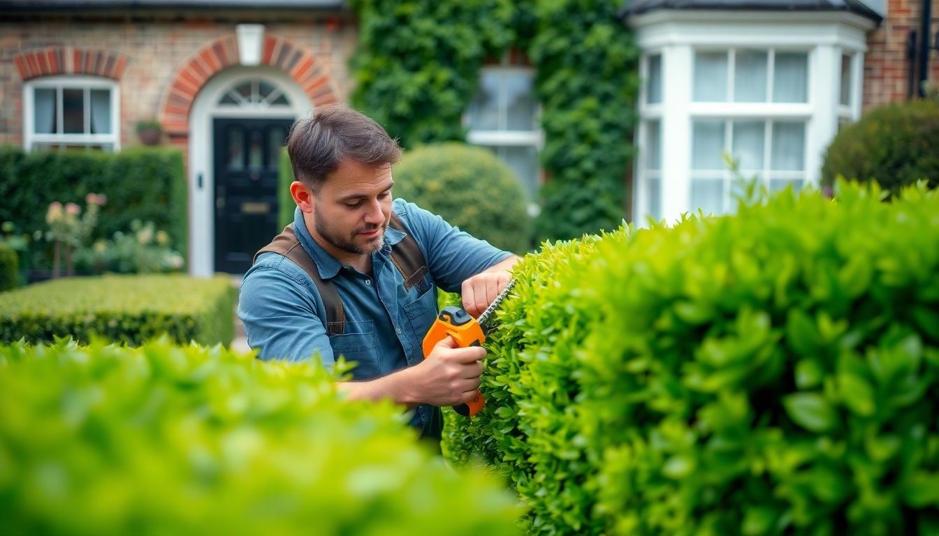 Gardener trimming hedges in a London garden.