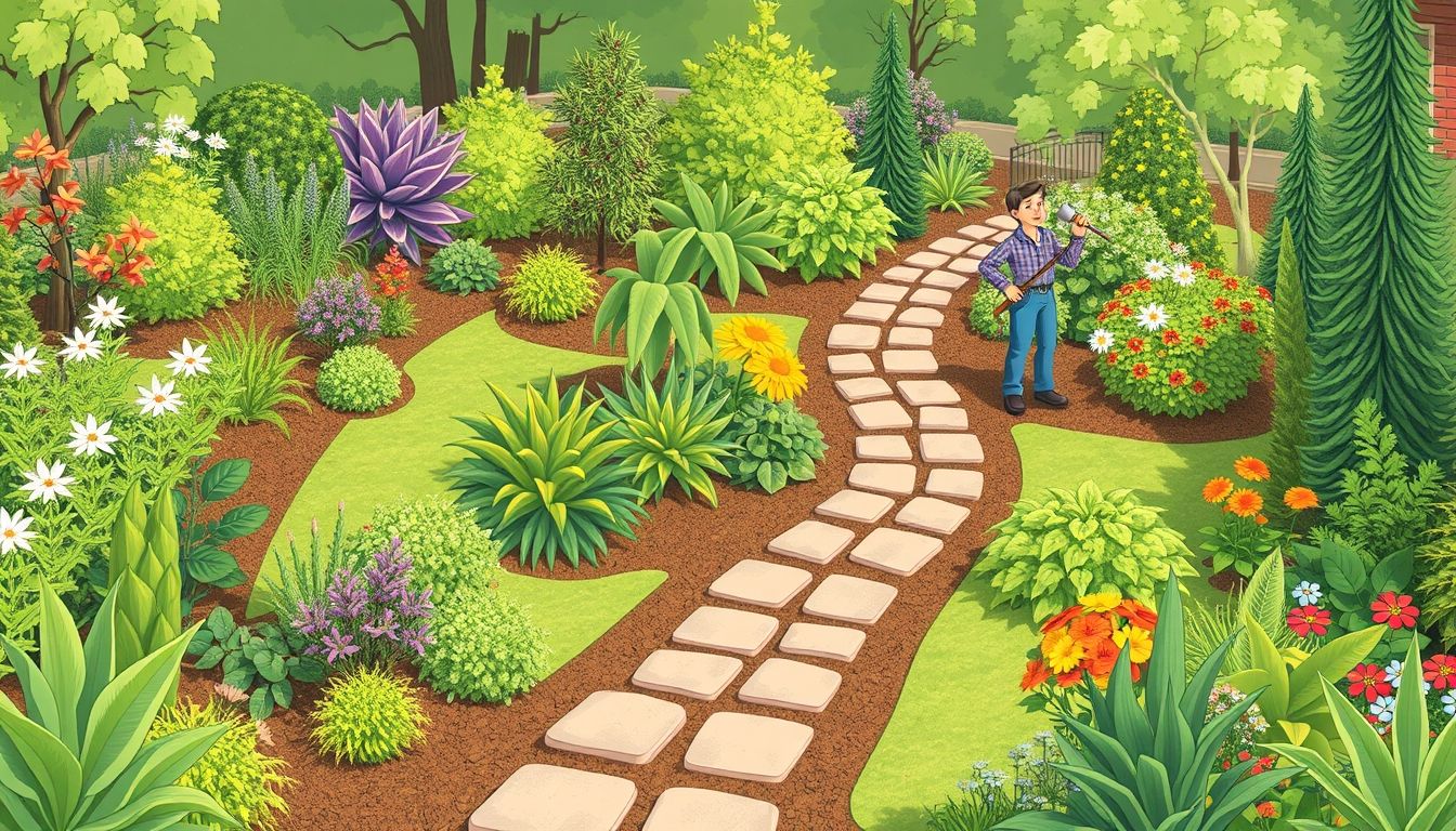 Gardener working in a diverse, well-maintained landscape.