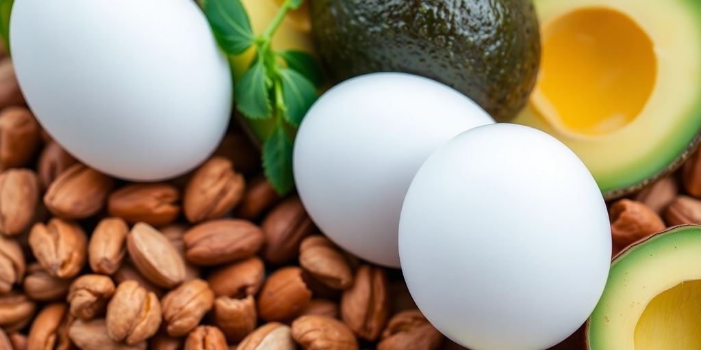 Alimentos ricos en biotina como huevos y aguacate.