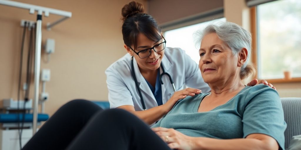 Therapist helping patient in a rehabilitation session.
