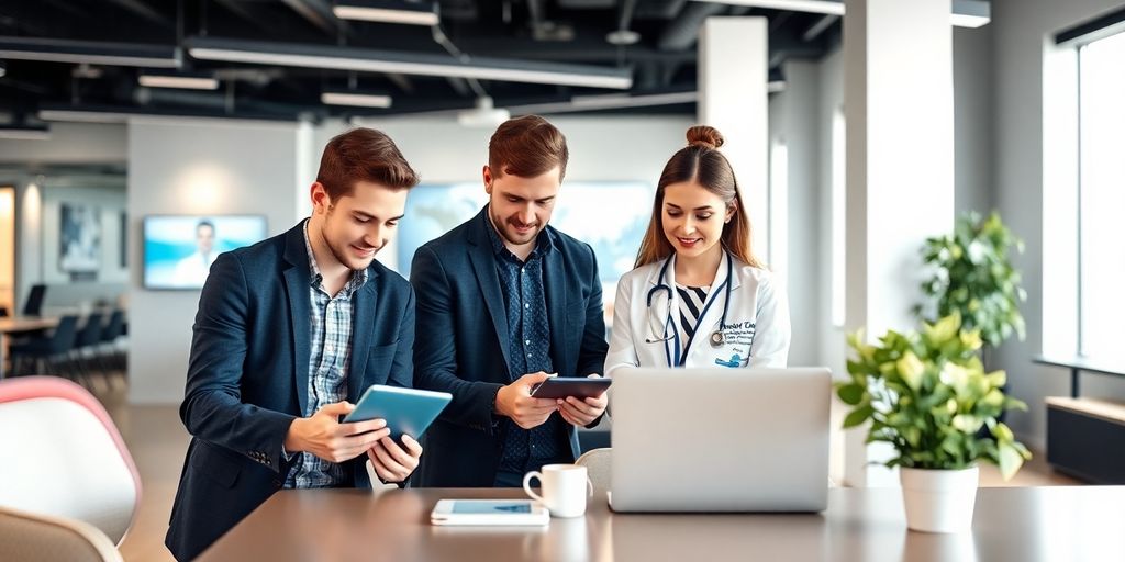 Profissionais de marketing digital em ambiente moderno.