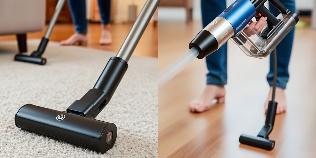 Moderner Akku-Staubsauger beim Reinigen von Böden.