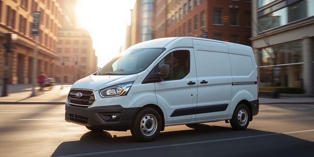 Ford E-Transit van navigating a city street.