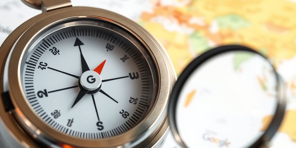 Digital compass, magnifying glass on map.