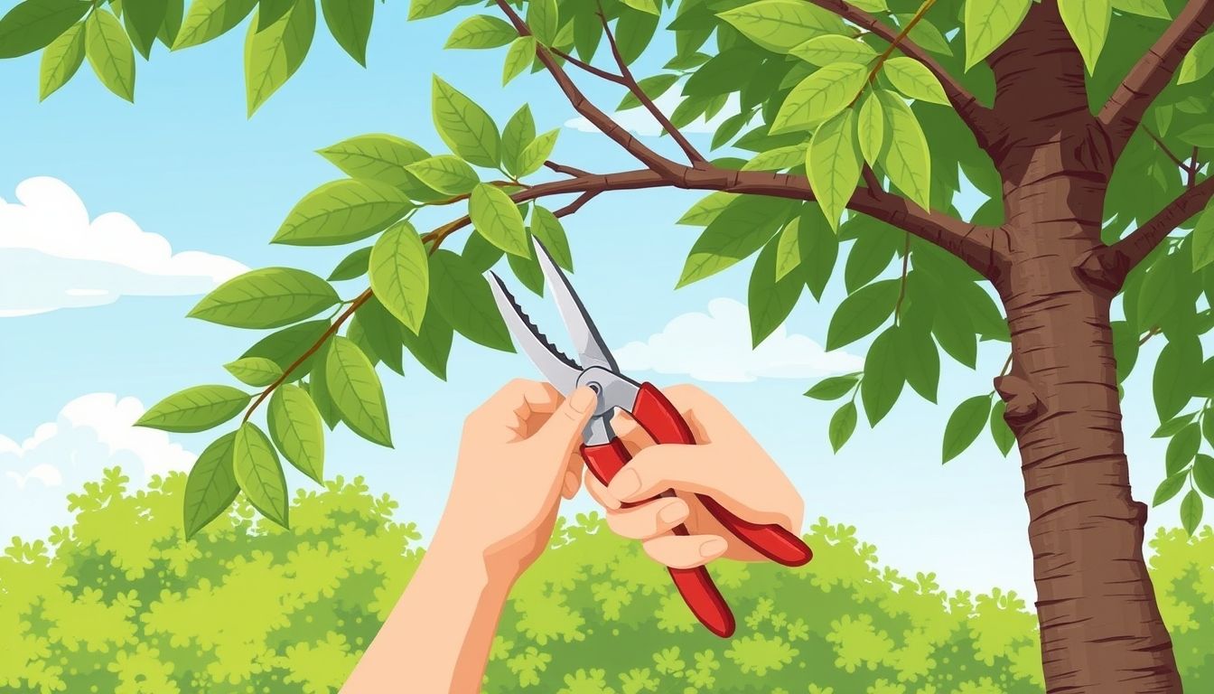 Person pruning tree branch with shears