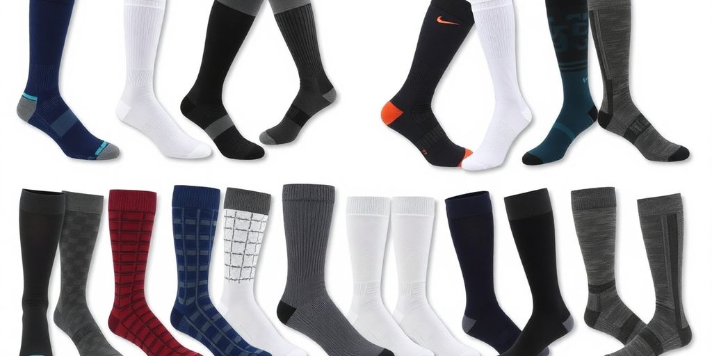 Men's compression socks in various styles and colors.