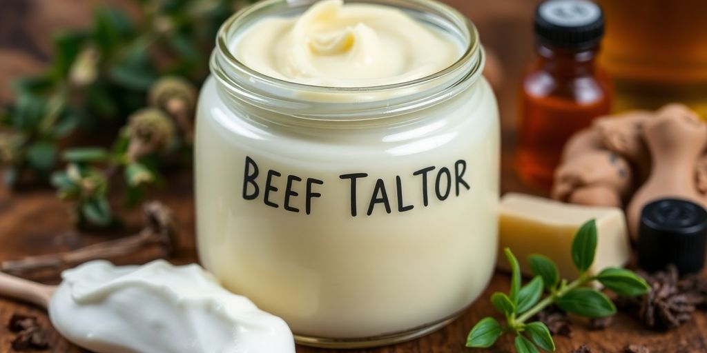 Jar of beef tallow with herbs and oils.
